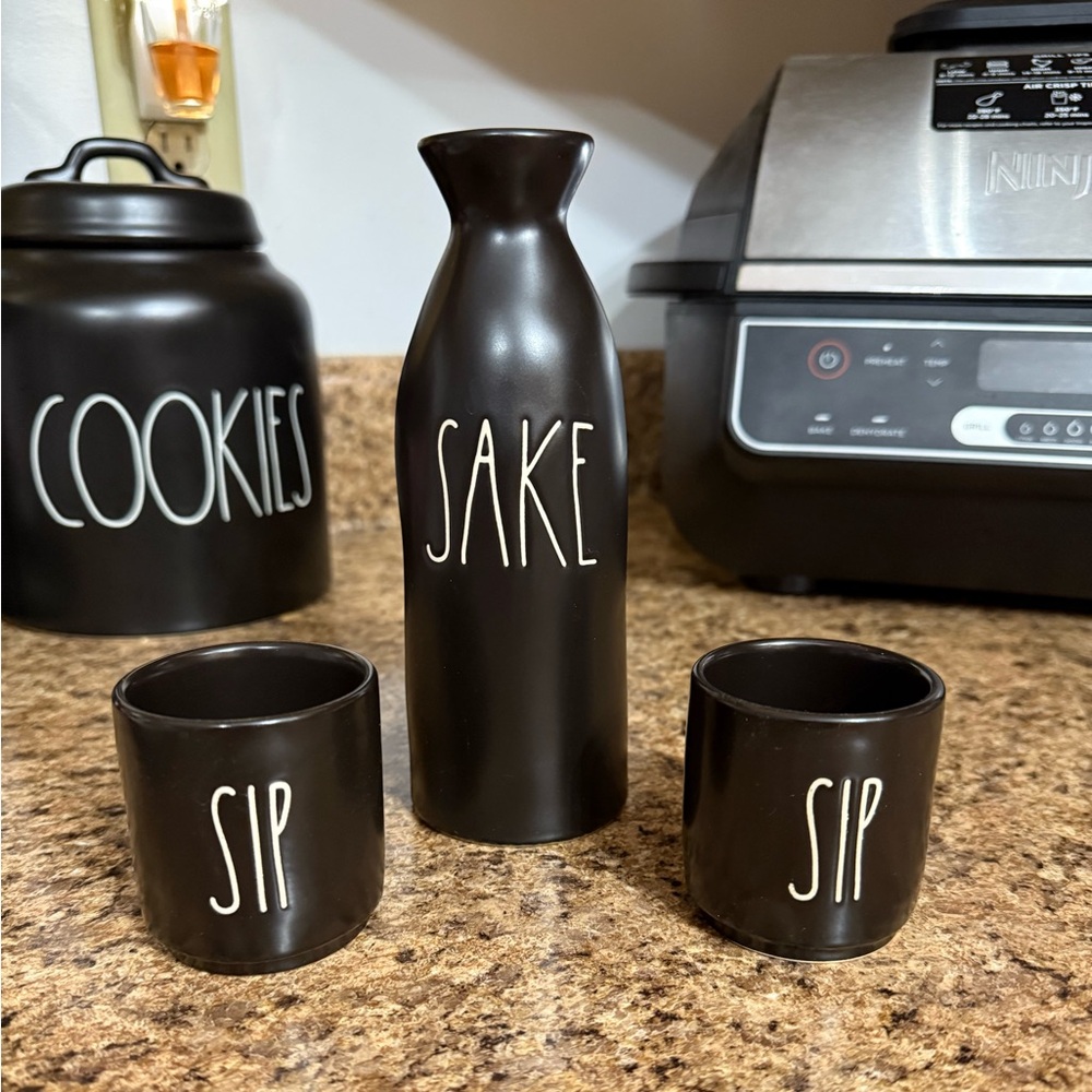 Rae Dunn Black Ceramic Sake Set